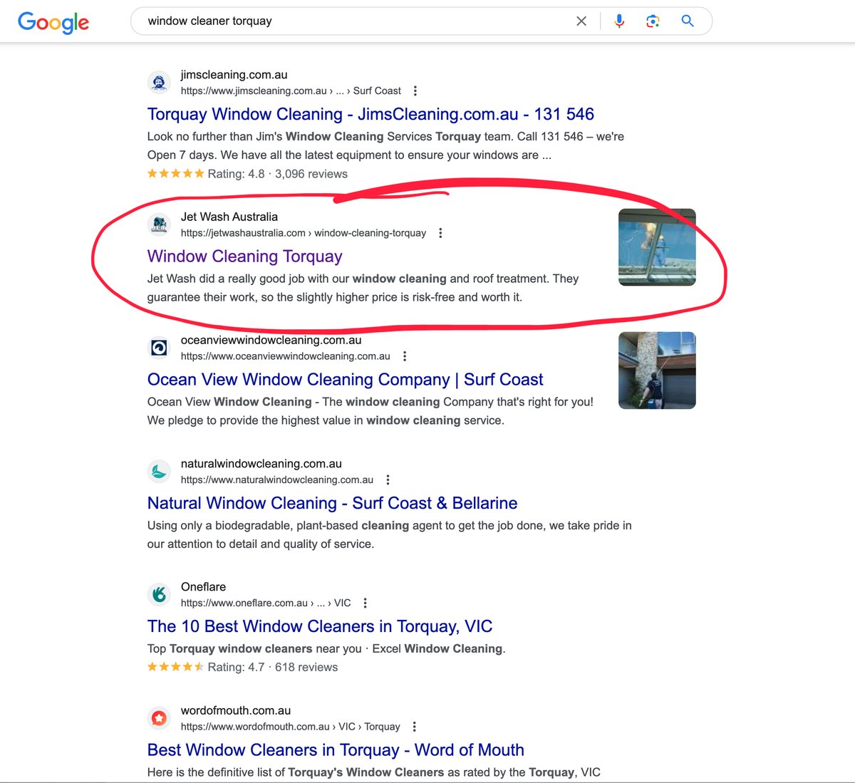 Jet Wash Torquay ranking number two on Google for window and pressure cleaning searches